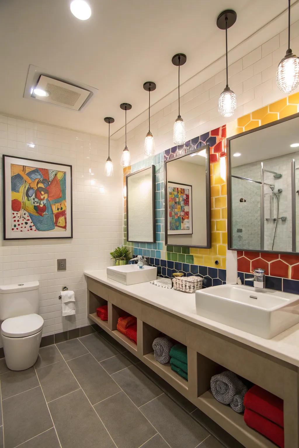 Modern lighting introduces a contemporary vibe to a boys' bathroom.