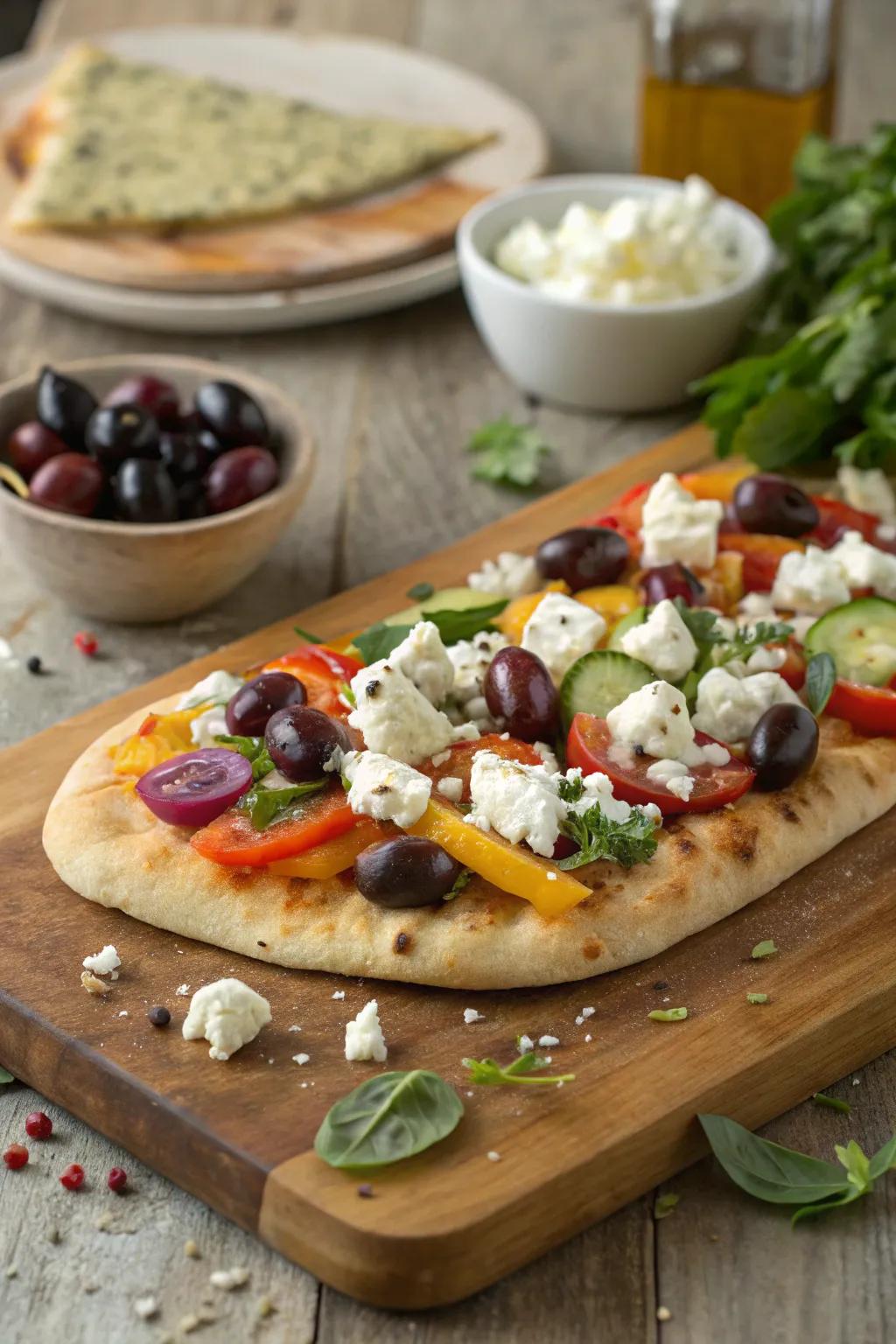 Mediterranean flatbread, offering a flavorful escape to the Greek Isles.