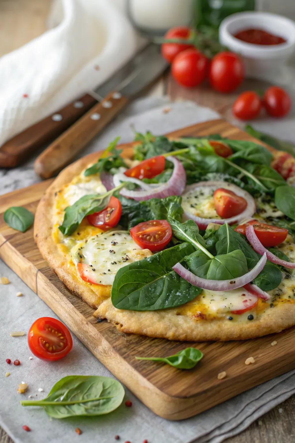 A savory breakfast pizza loaded with fresh vegetables.