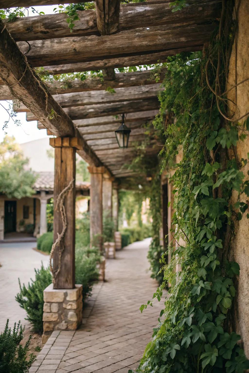 Rustic wood beams that add warmth and charm to the breezeway.
