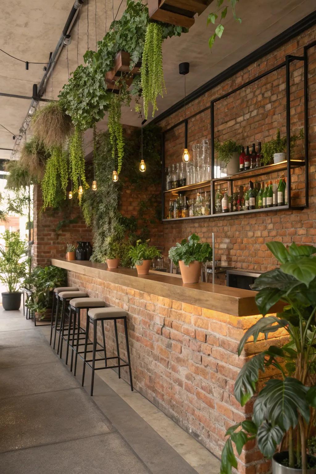 Greenery enlivens a rustic brick wall bar.