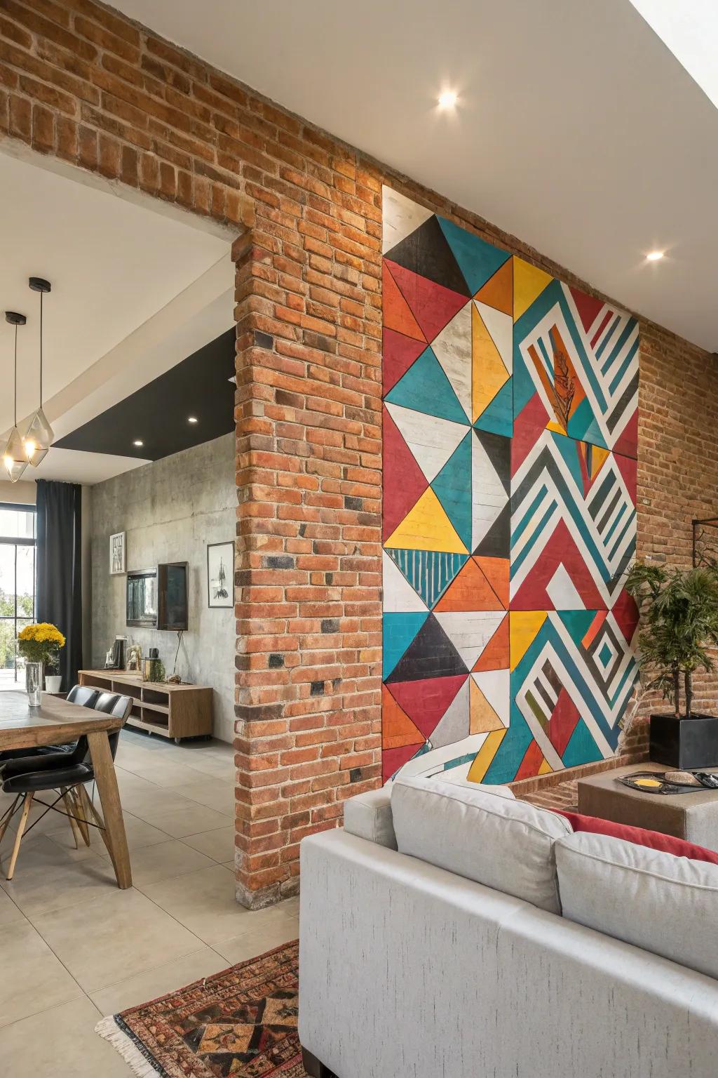Geometric patterns establish a modern vibe on a brick wall.