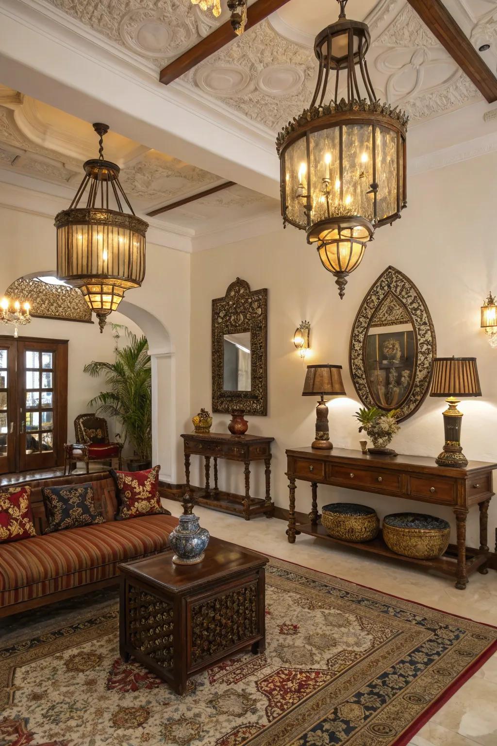 Metal and glass illumination enhances colonial style.
