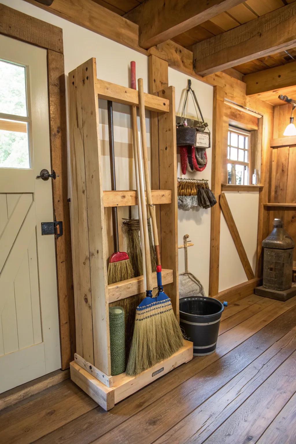 DIY wooden mounts add a personal touch to storage.