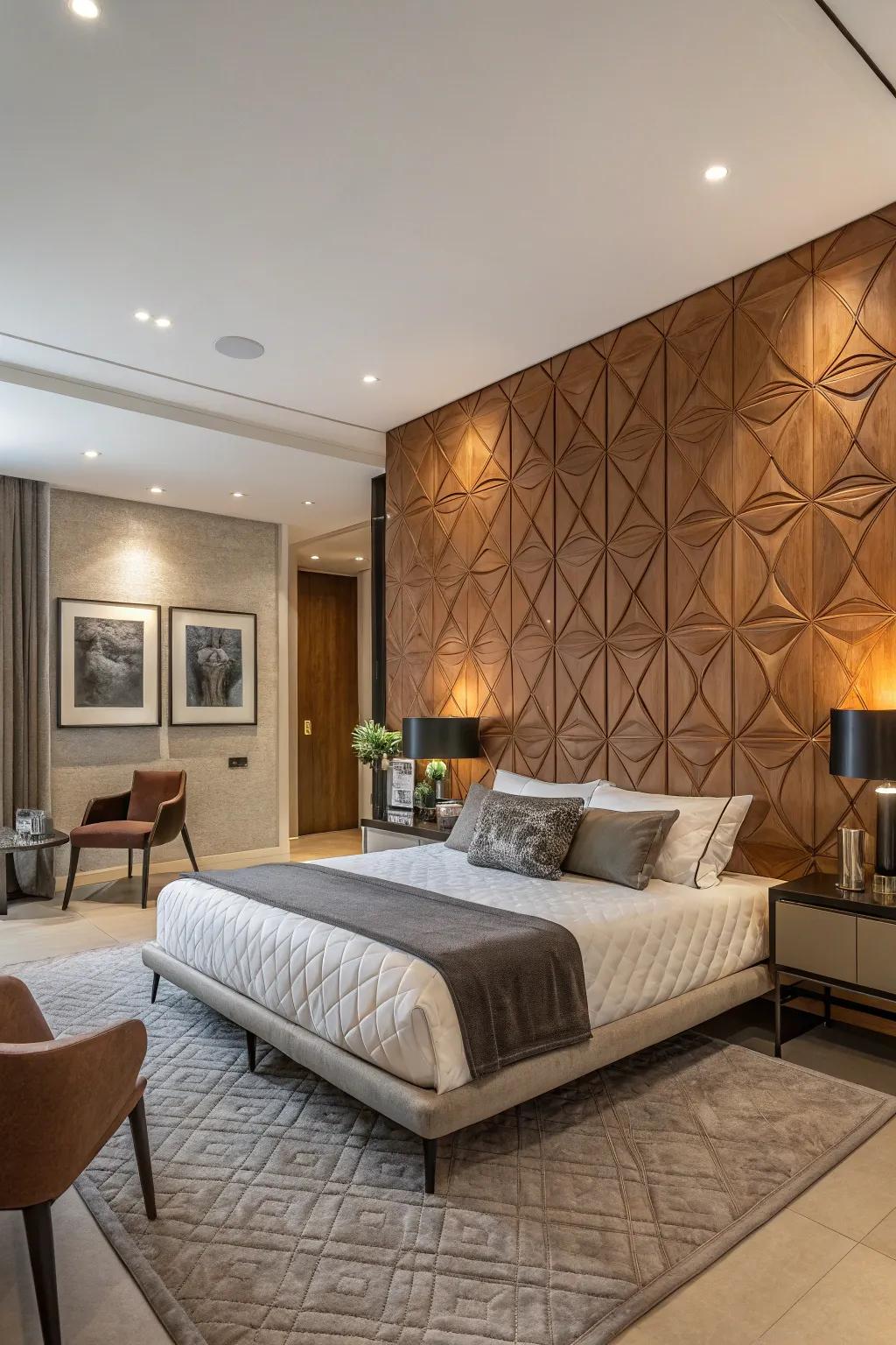 A textured feature wall introduces dimension and interest.