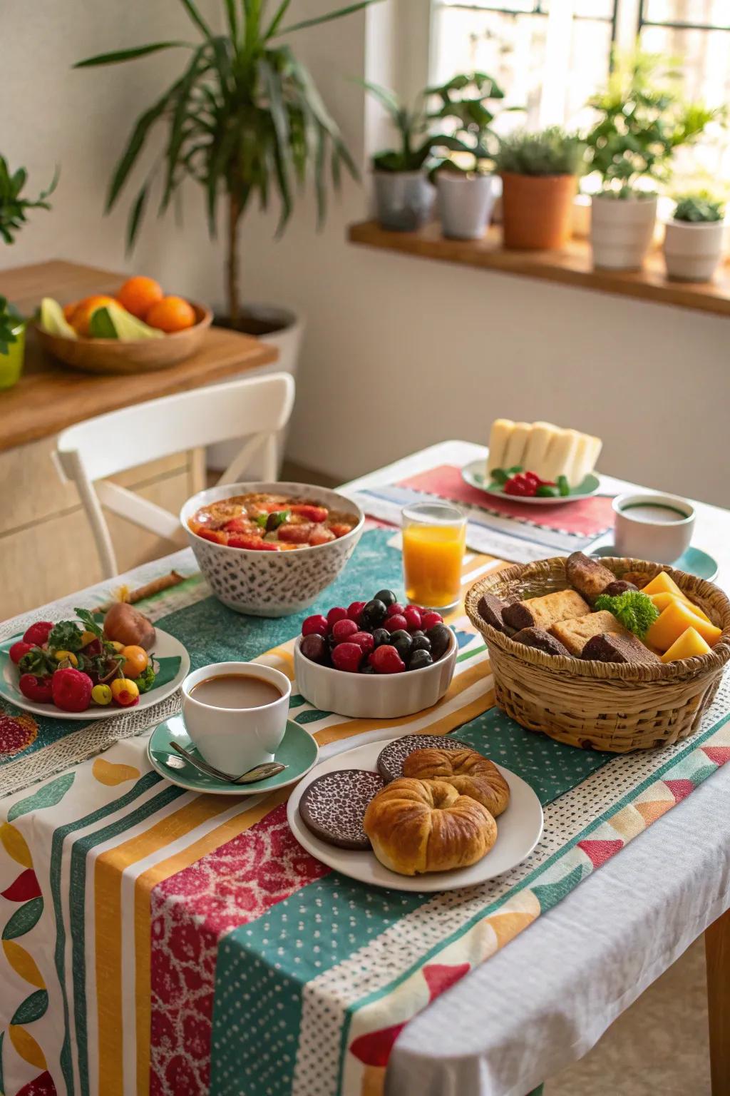 Colorful tablecloths create a happy mood for your brunch.