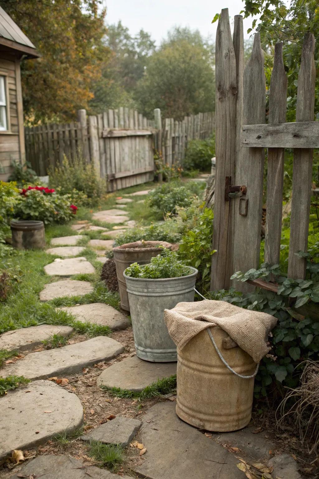 Buckets wrapped in burlap creating a rustic garden atmosphere.