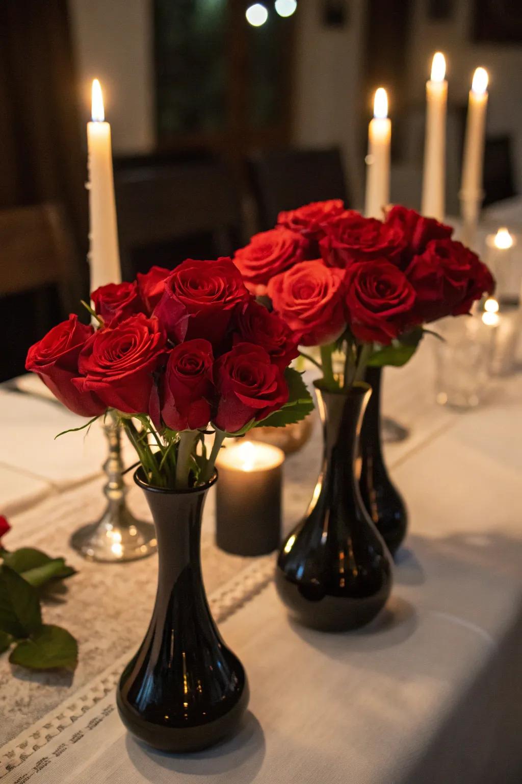 Establish the atmosphere with daring crimson long-stemmed roses.
