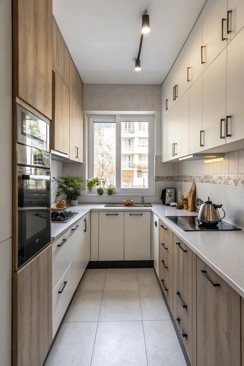 Contrasting cabinetry imparts a stylish edge to a small kitchen.