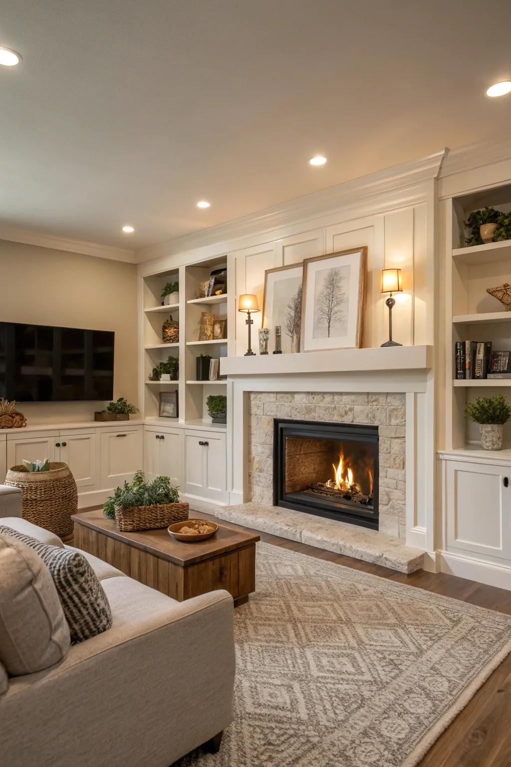 Neutral tones offer a serene and classic fireplace setting.