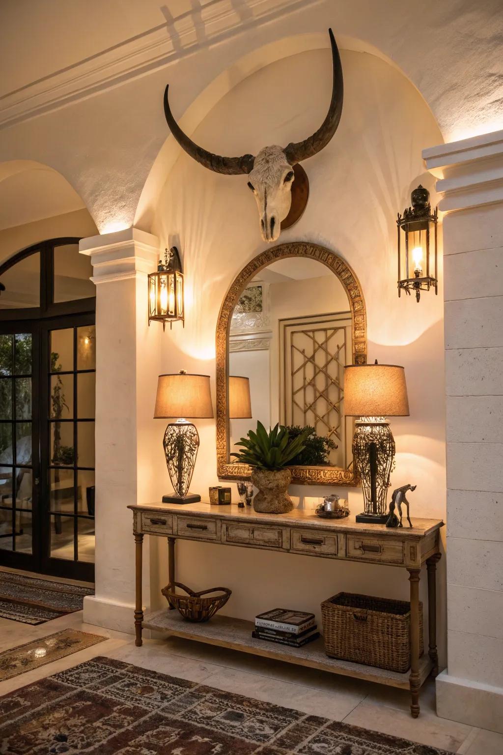 Create a grand entrance with animal skull mounts.