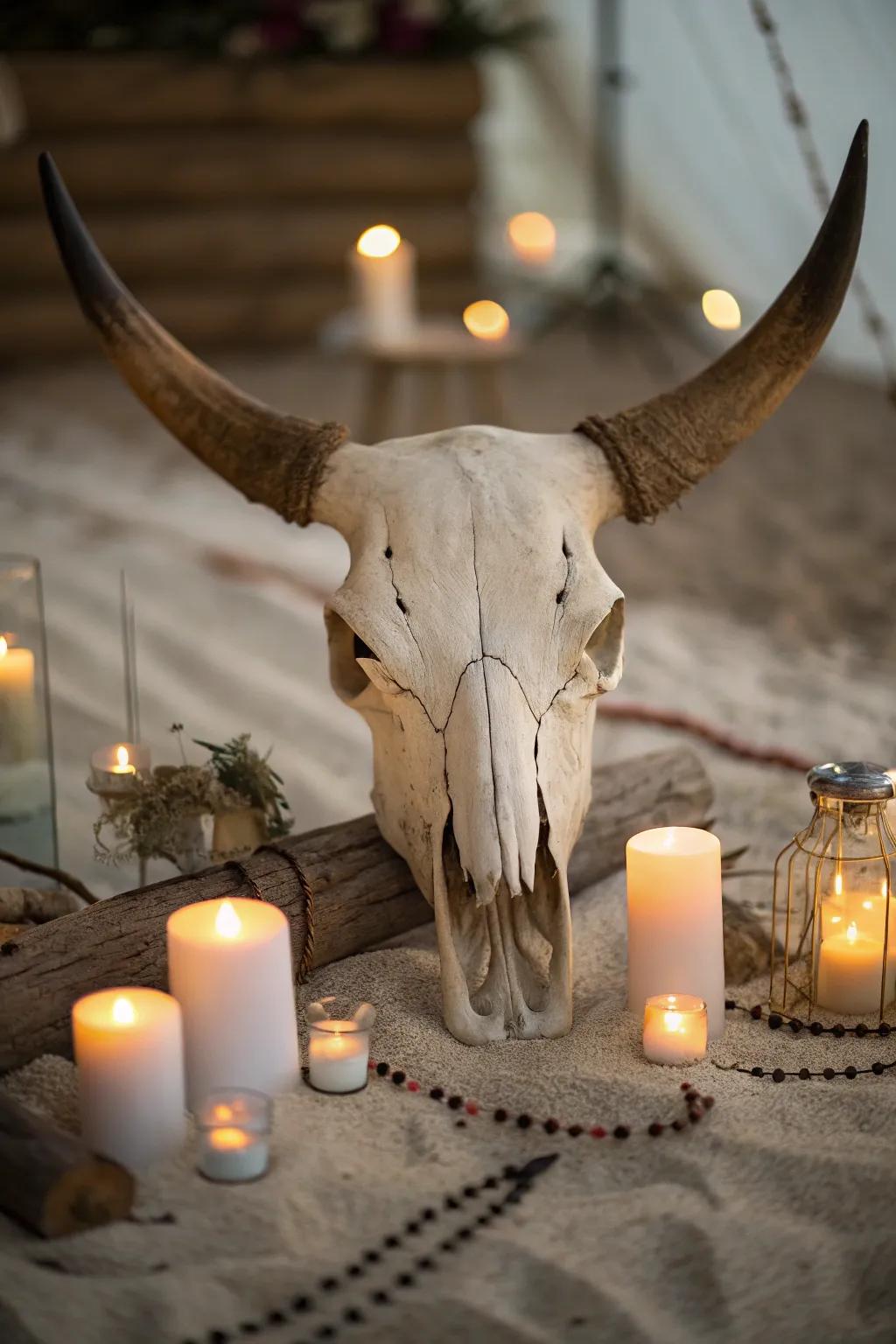 Inviting ambiance through tapers surrounding a bovine skull.