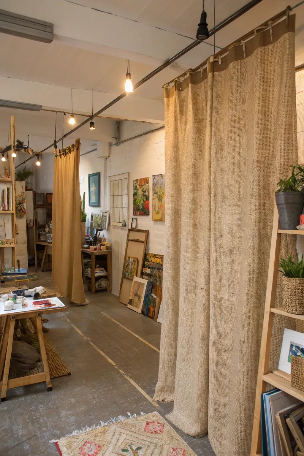 Creative separation with woven fiber drape room dividers.