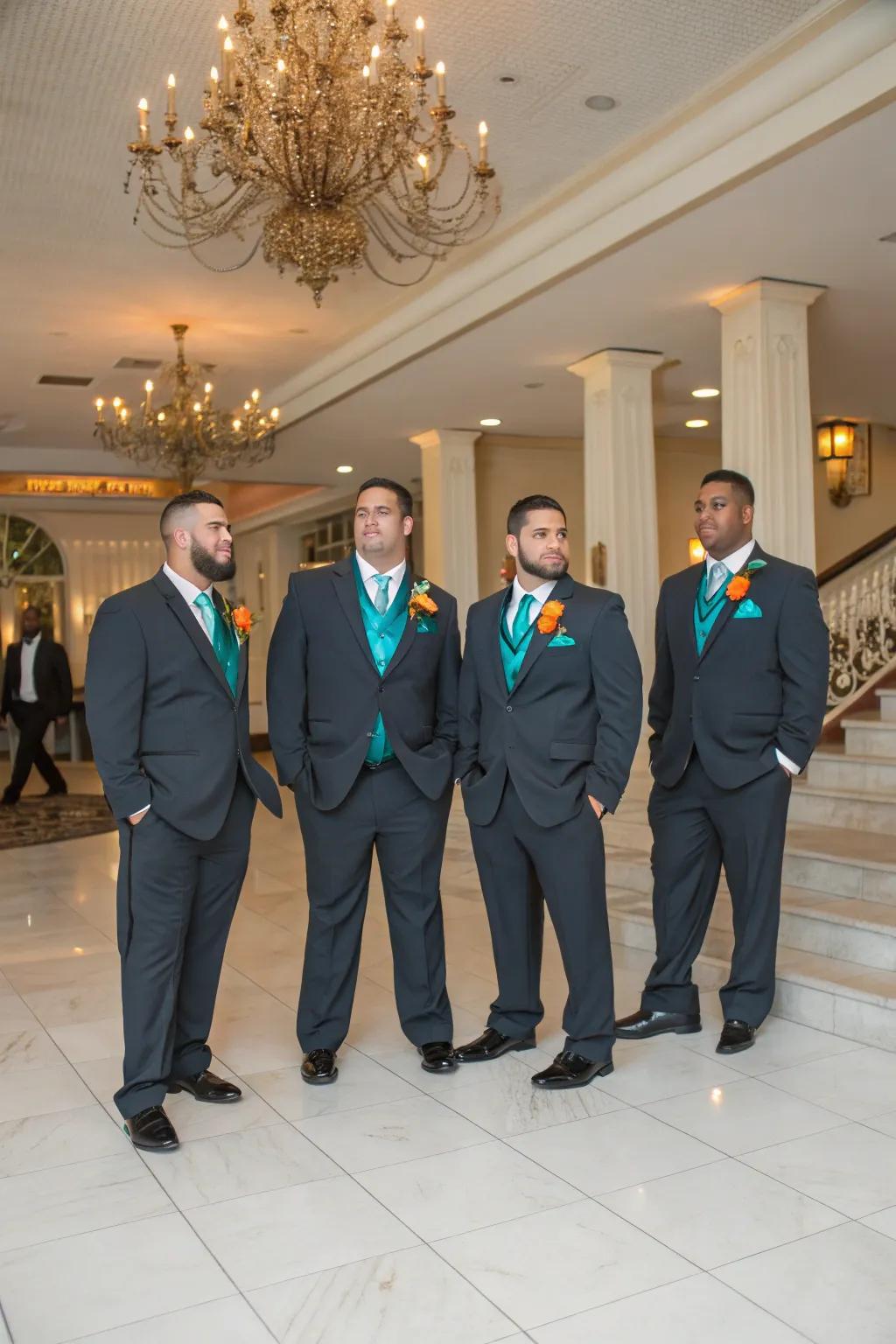 Groomsmen looking dapper in seafoam green and sunset orange.