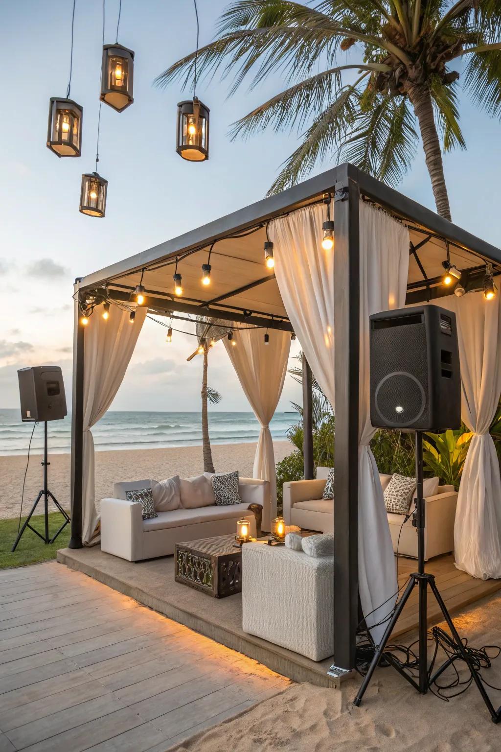 A contemporary cabana outfitted with smart technology for added convenience.