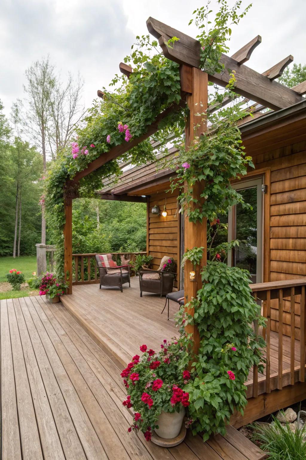 A pergola providing shade and charm to the deck.