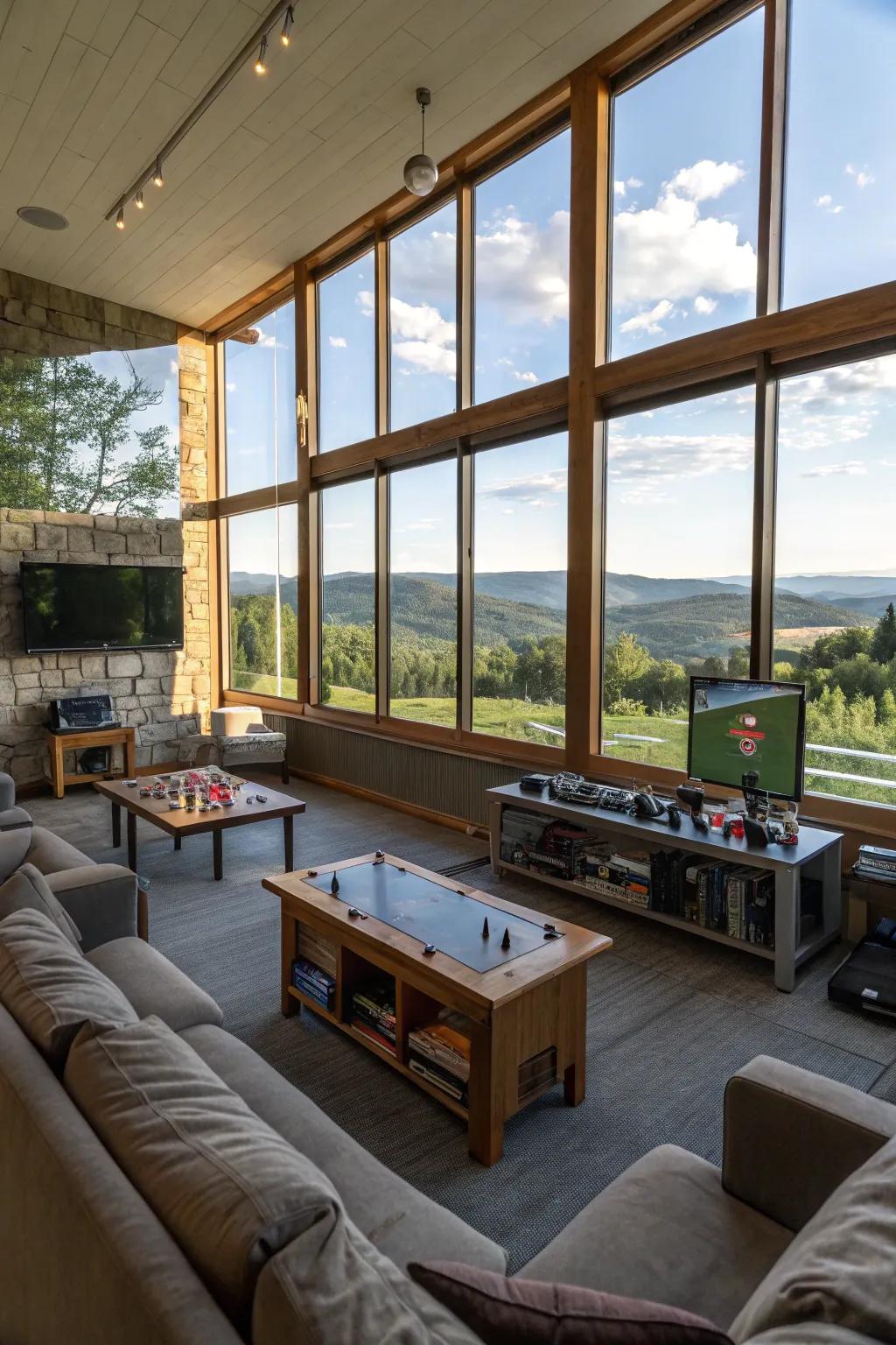 Expansive windows usher in the splendor of nature into your gaming area.