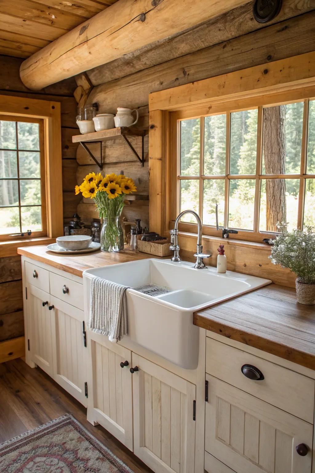 A farmhouse sink is a charming and functional addition to any cabin kitchen.