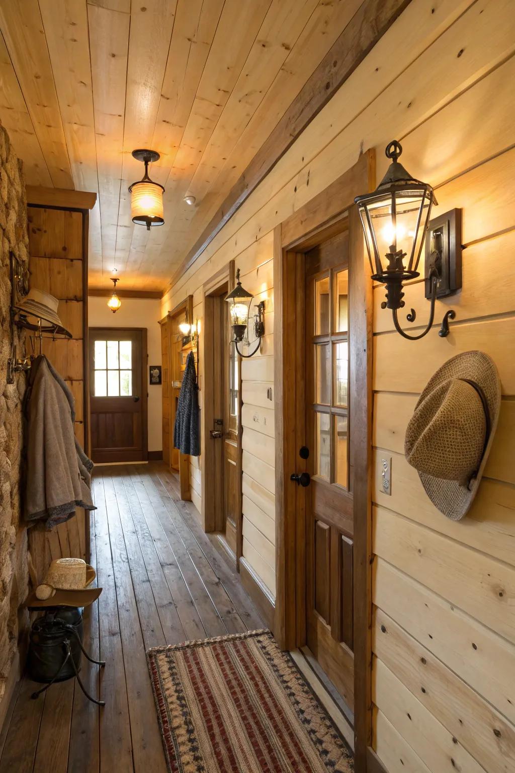 Alluring surface lights offer accent lighting inside a cabin's hallway.