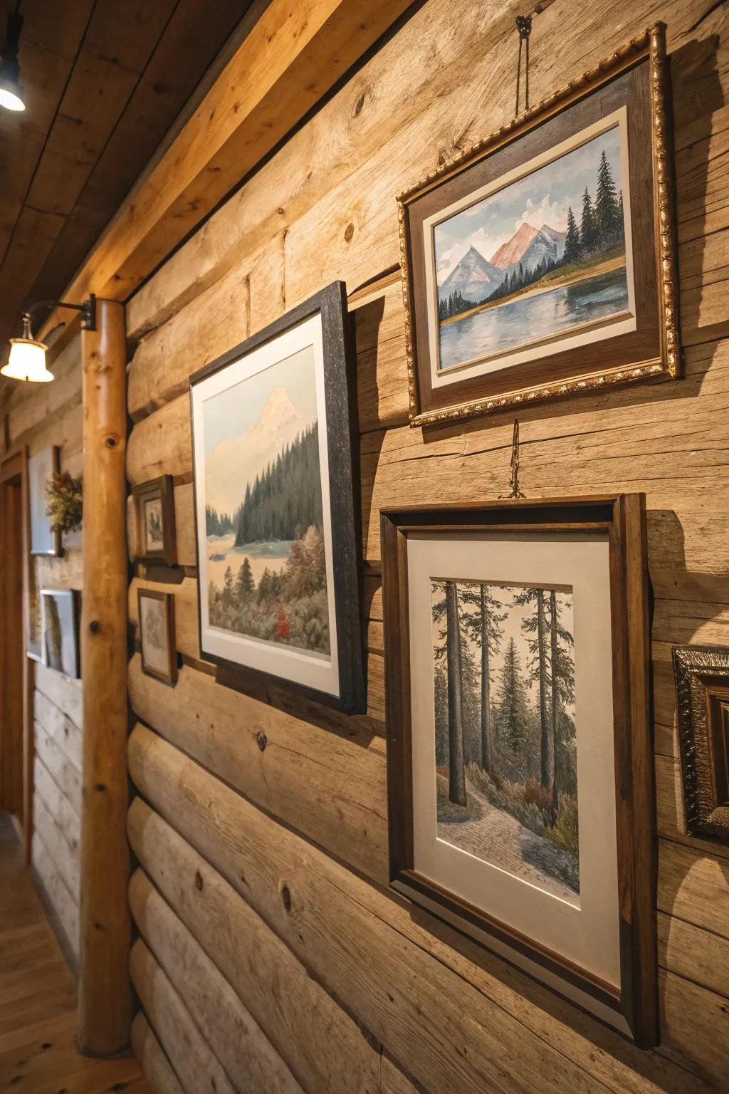 Art pieces in rustic frameworks including an individual touch to the cabin.