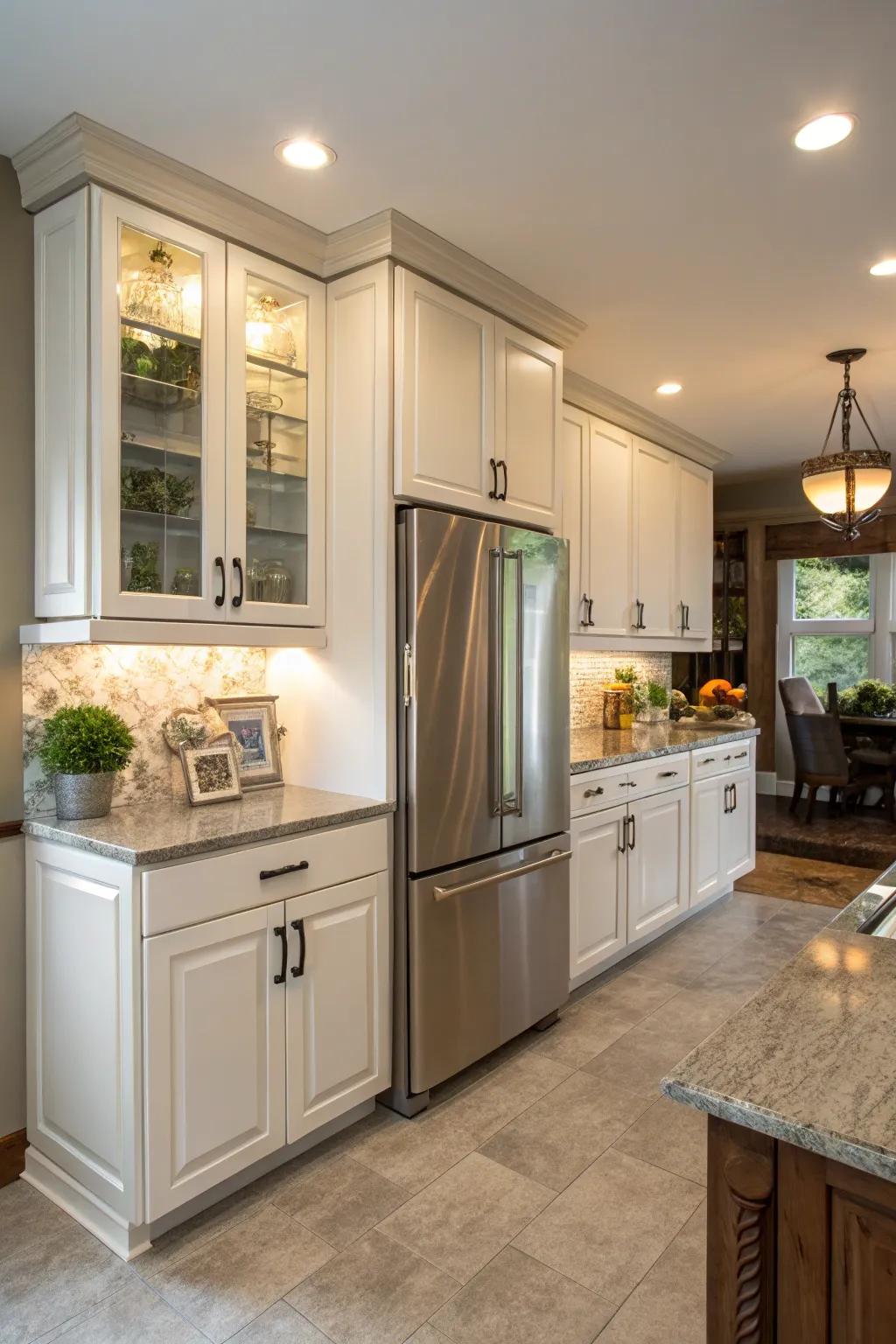 Custom cabinets above the fridge provide a tailored, cohesive appearance.
