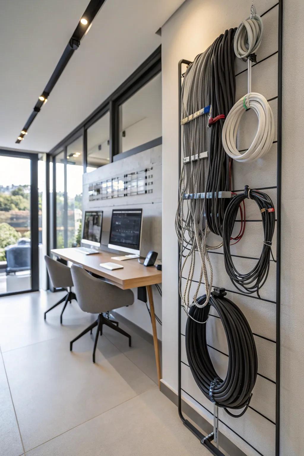 Wall-mounted cable rack providing organized storage.