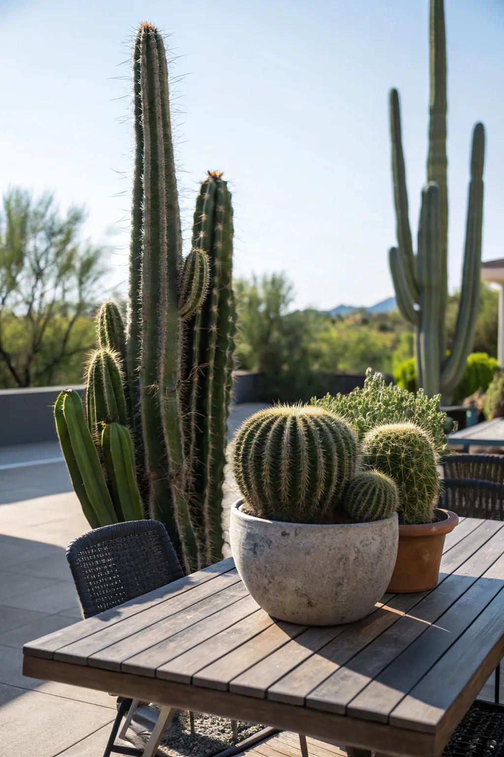 Large cacti on a patio table create a desert-inspired oasis.