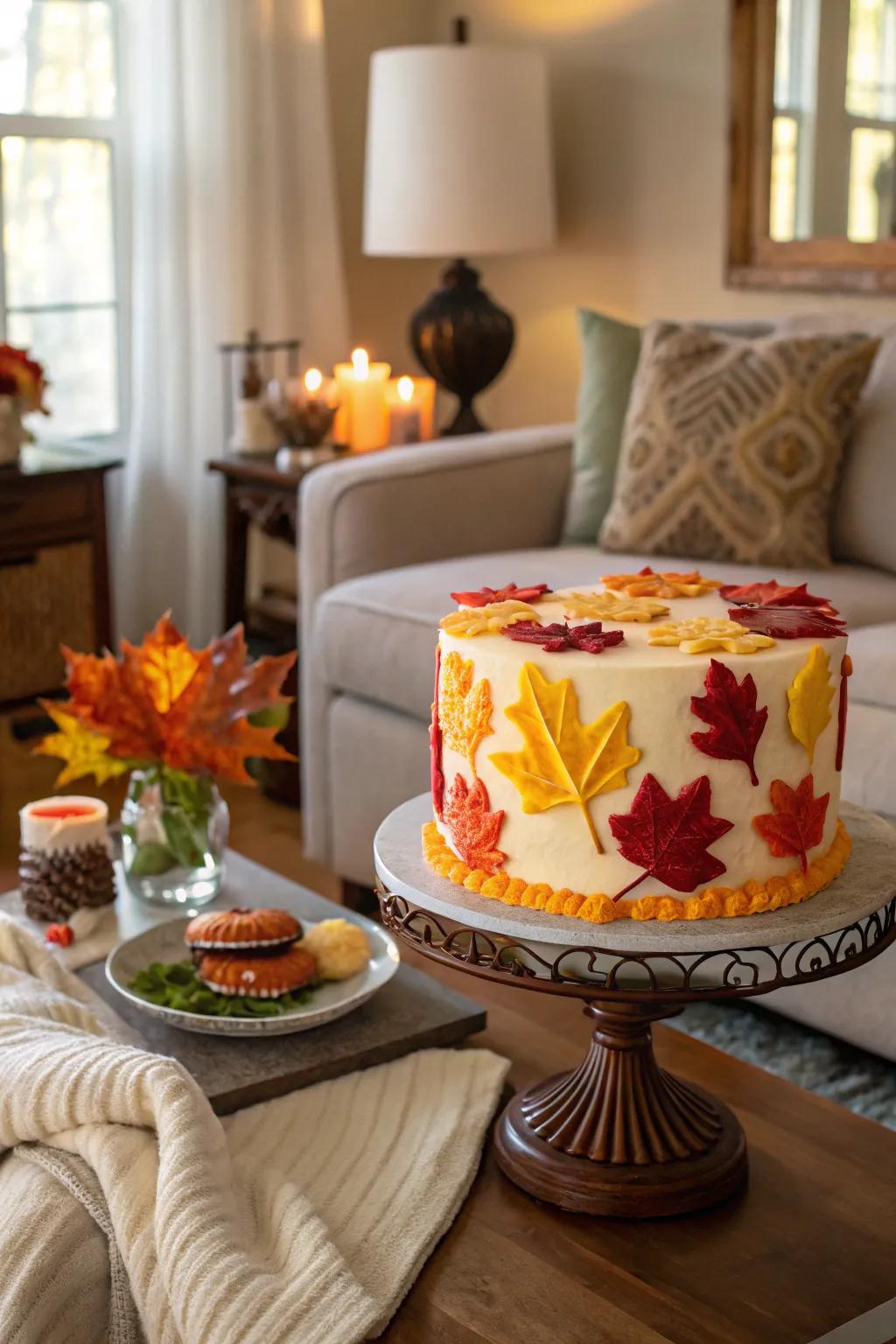 A seasonal sweet cream cake with autumnal colors and designs
