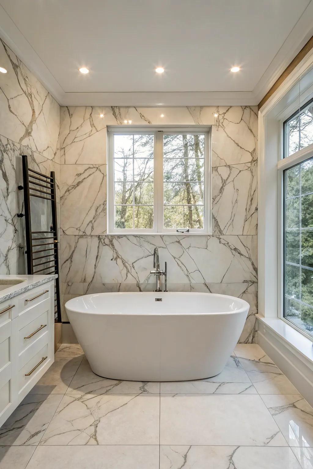 A spa-like bathroom featuring a detached tub against Ivory Coast marble tiles.