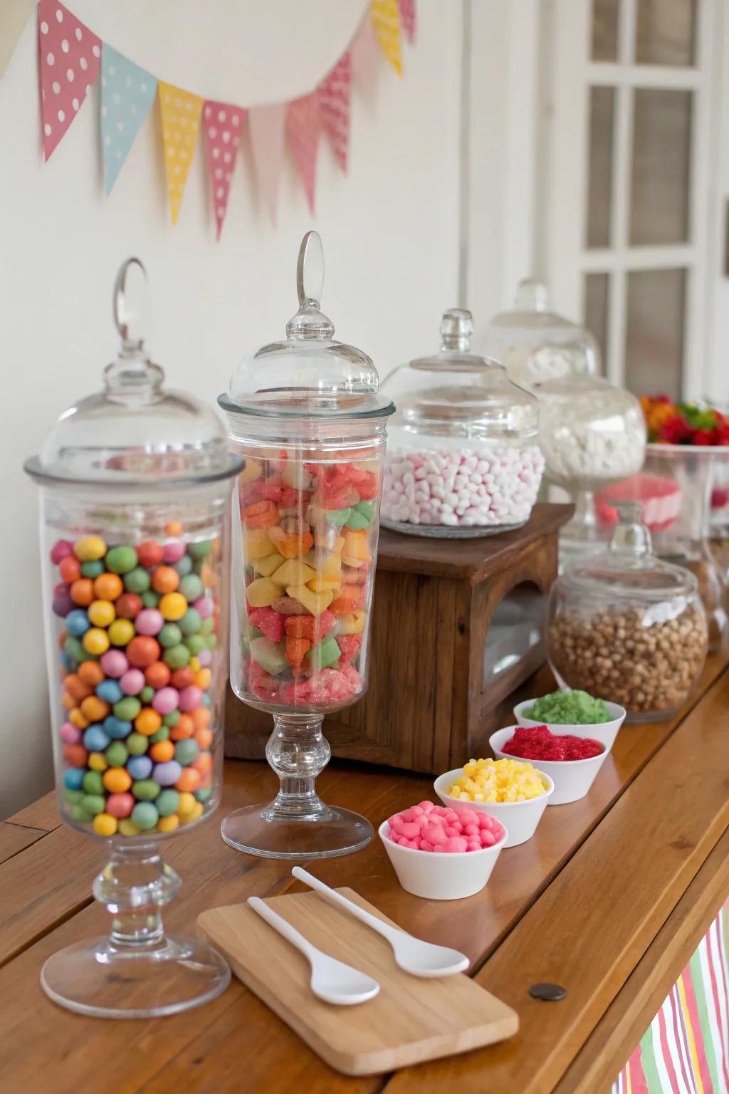 An interactive create-your-own candy station featuring a variety of sweet selections.