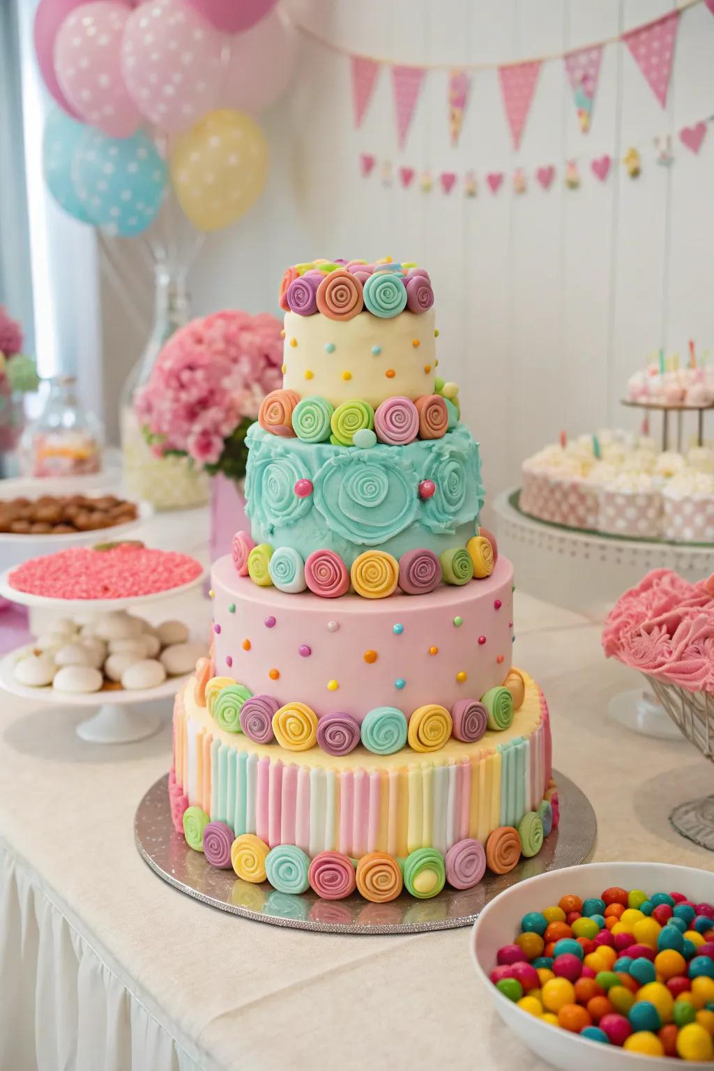 A candy-themed cake serves as a stunning centerpiece