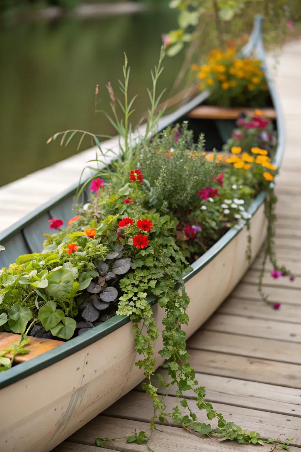 An angled canoe planter adds lively visual appeal to a yard.