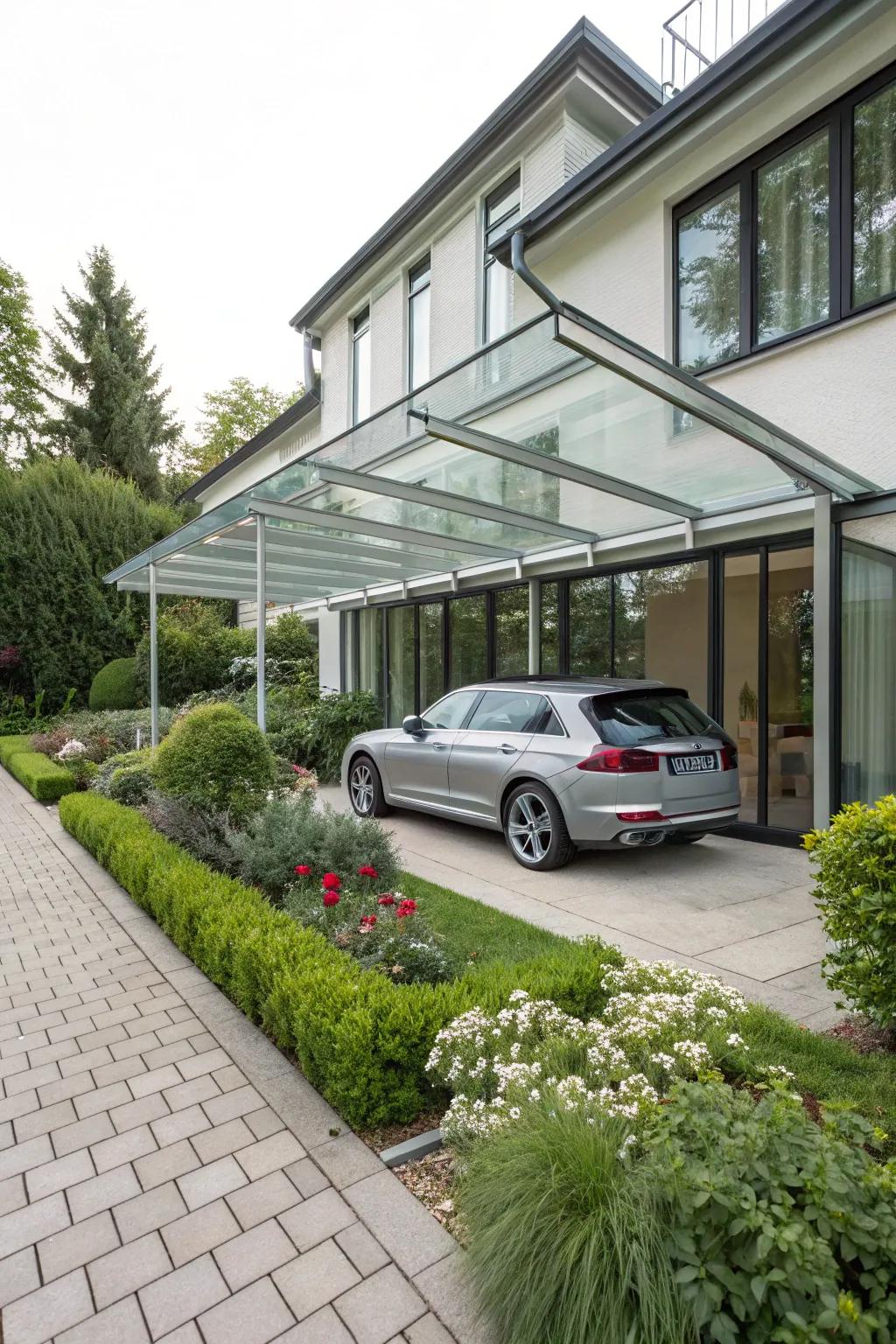 A glass canopy carport displaying a modern aesthetic.