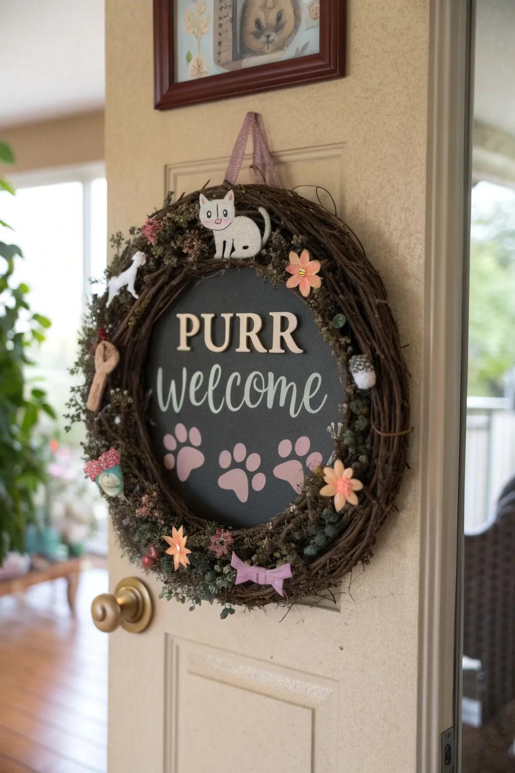A personalized word art kitty wreath for warm welcomes.