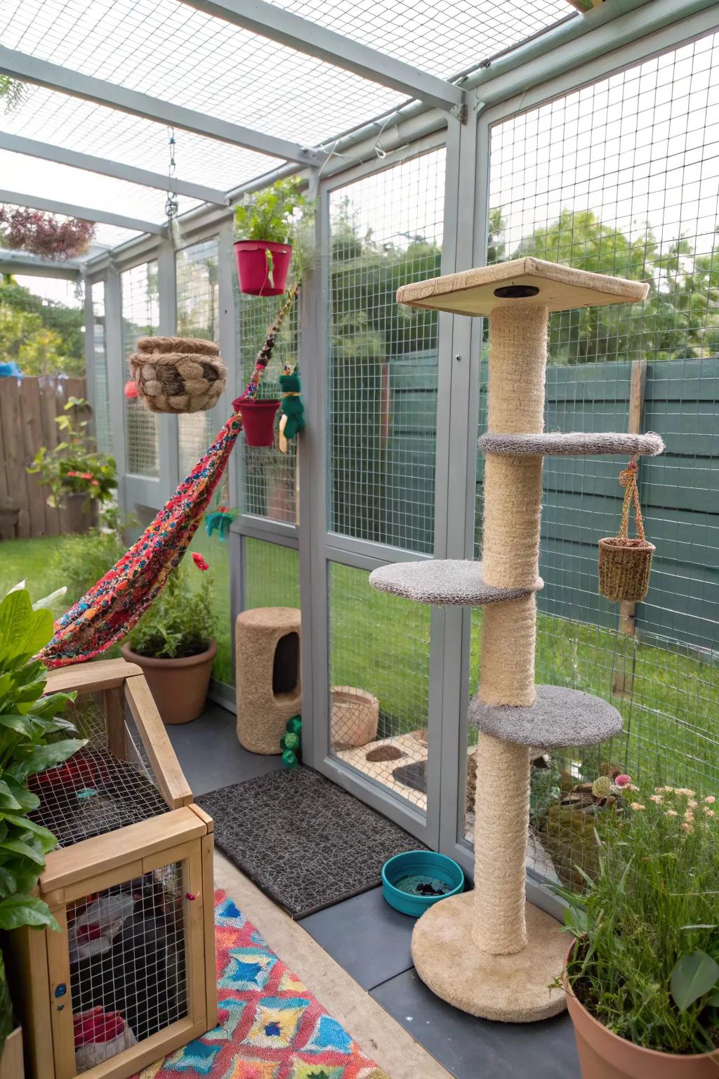 Sensory zones within a catio that stimulate a cat’s perceptions through feel and fragrance.