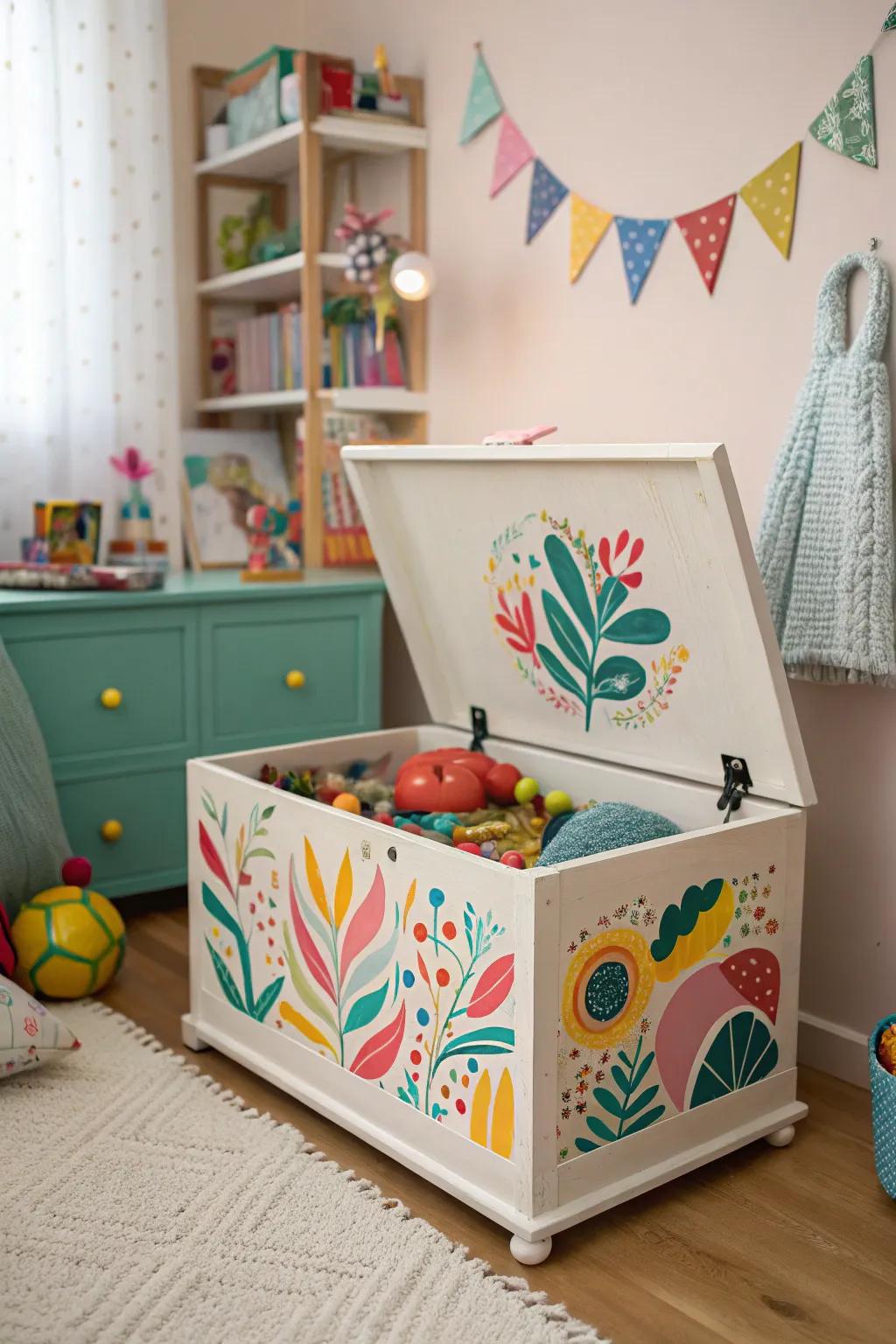 An antique storage chest transformed into a vibrant toy box for children.