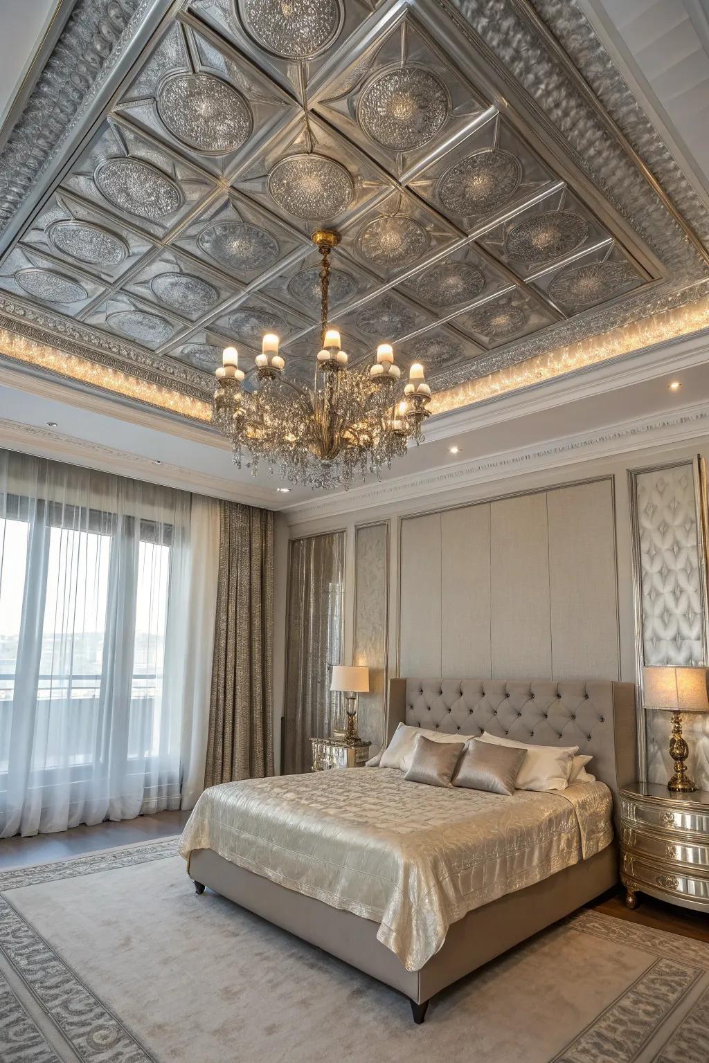 A room with metallic ceiling accents that add a luxurious touch.