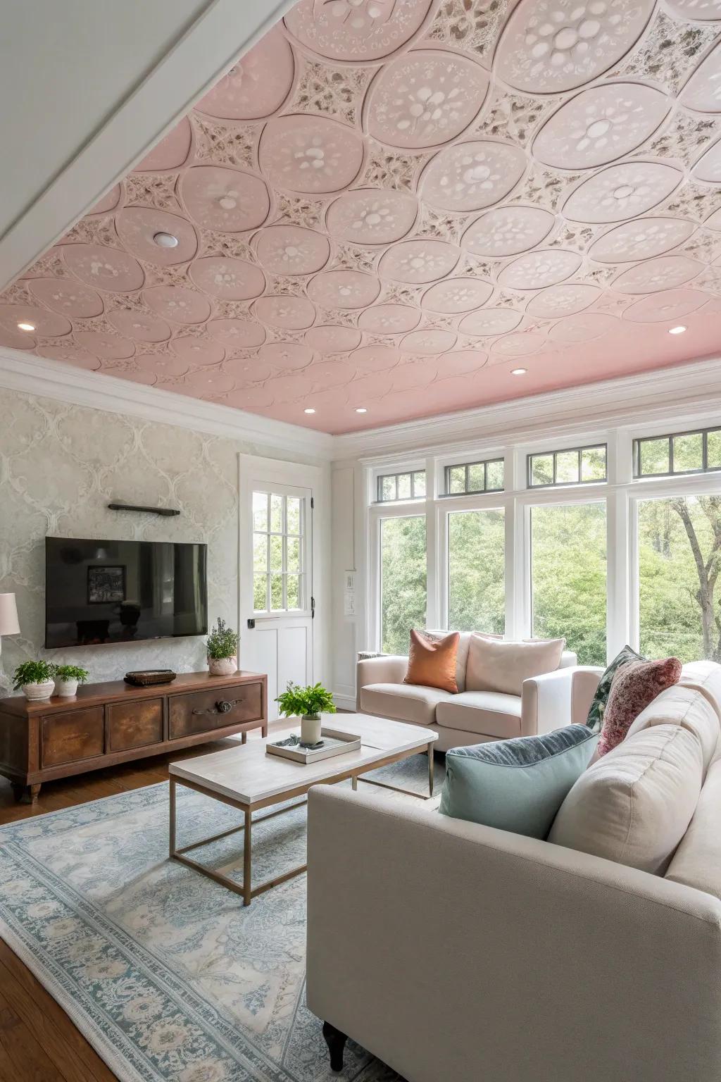 Add individuality using textured and colored ceilings.