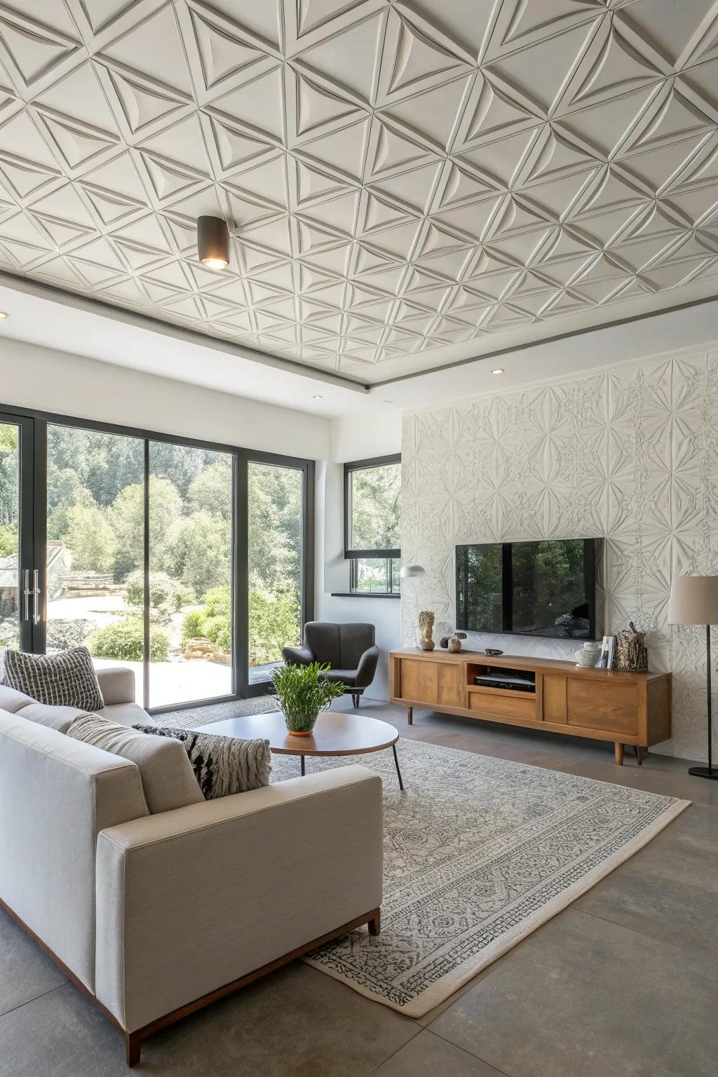 A streamlined living space featuring contemporary geometric ceiling boards.