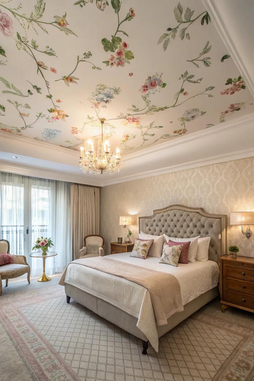 Wallpapered ceilings establish a distinctive visual appeal.