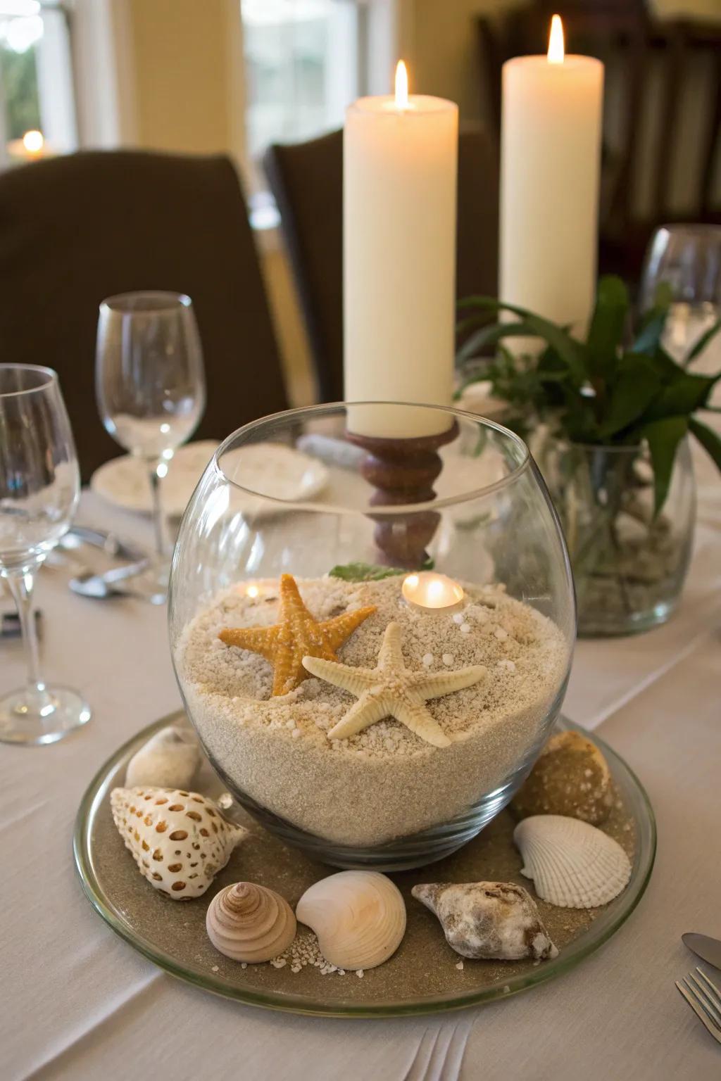 Coastal charm with a transparent bowl centerpiece base.