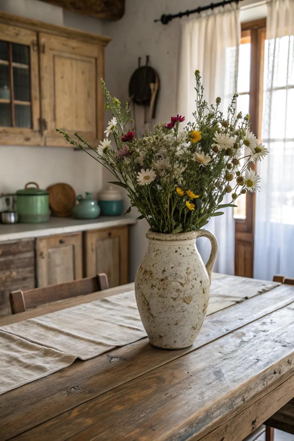 A rustic ceramic vase enhances the farmhouse charm of the kitchen.