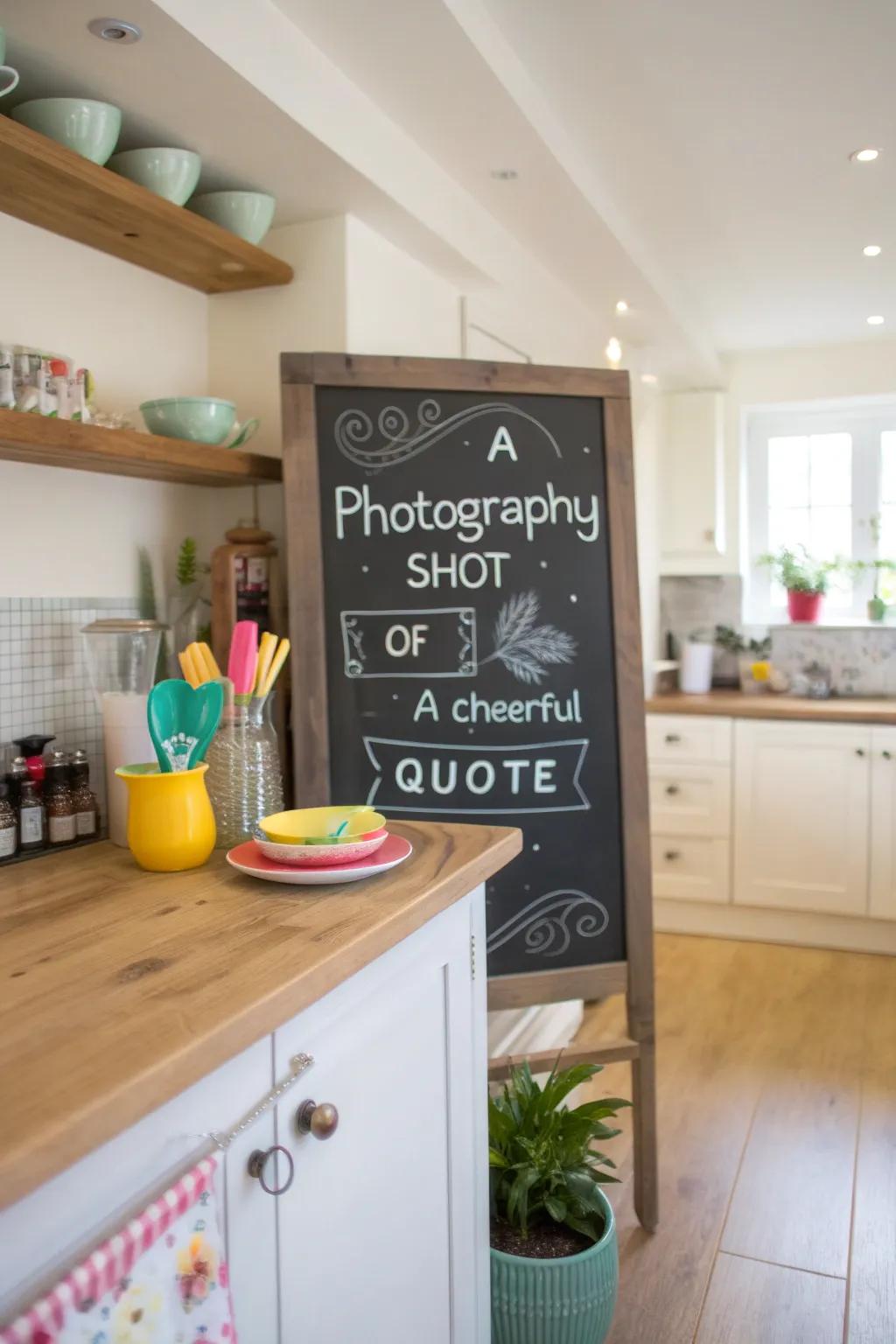 Playful sayings and quotes bring a smile to guests' faces in this cheerful kitchen.