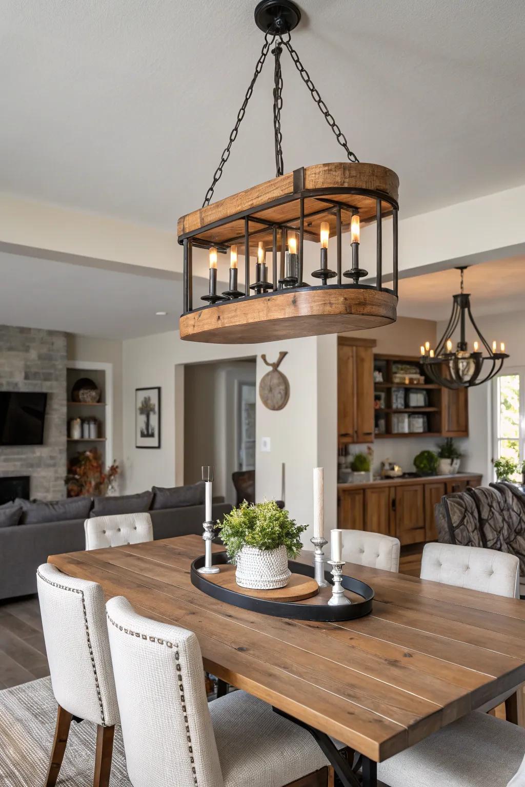 A mixed materials chandelier brings texture and sophistication.