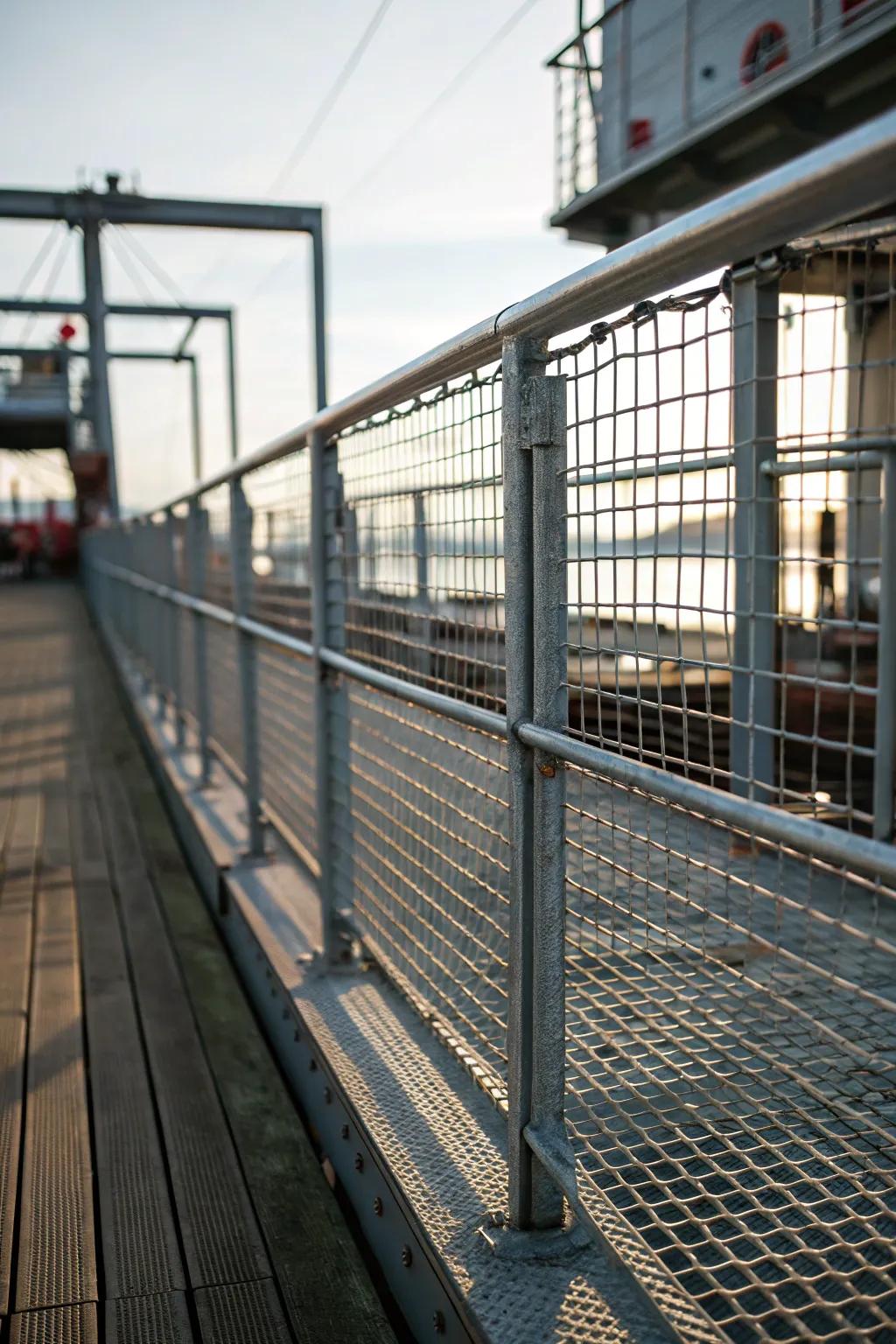 Wire mesh railings provide a robust and modern industrial style.