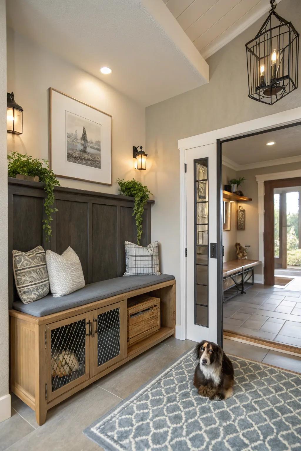 Enhance entryway space by elegantly incorporating a kennel.