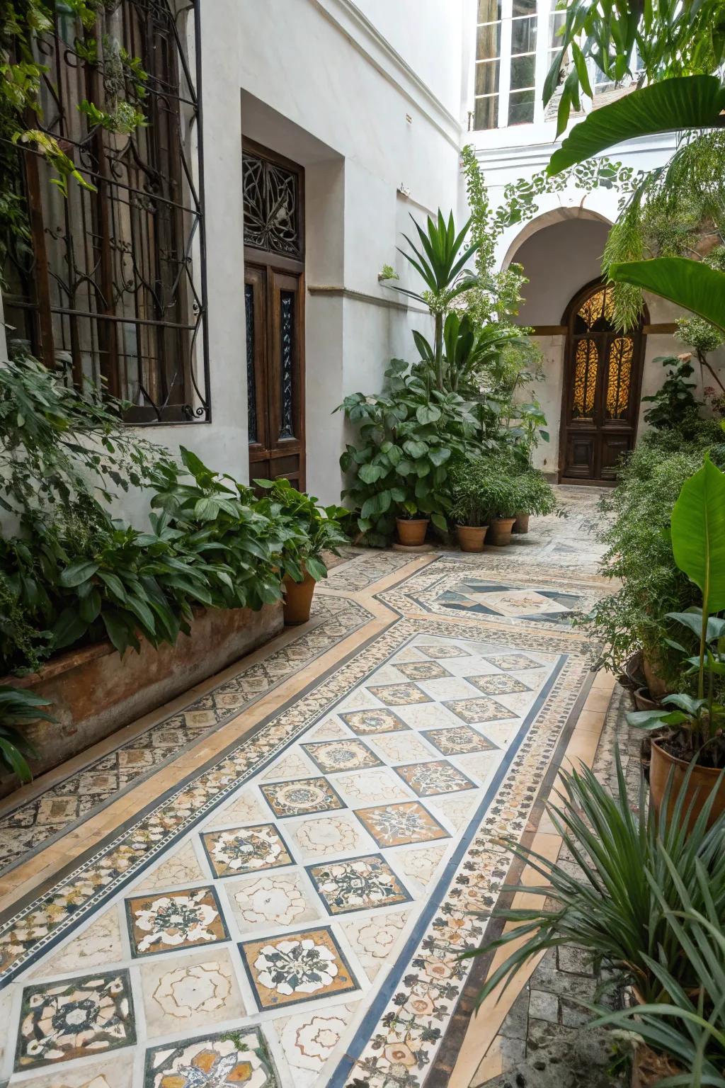 Decorative tiles adding artistic flair to the patio.