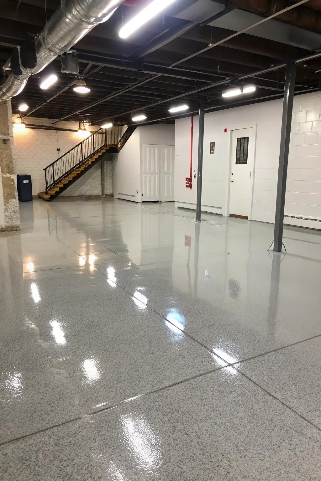 Epoxy coatings provide a strong and glossy surface for busy basement areas.