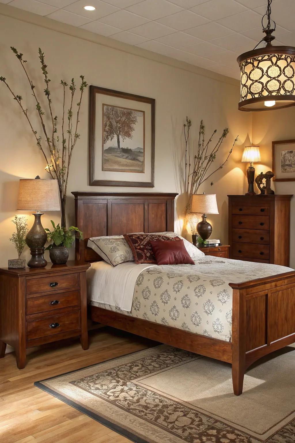 Decor details complementing maple hardwood furniture in a bedroom.