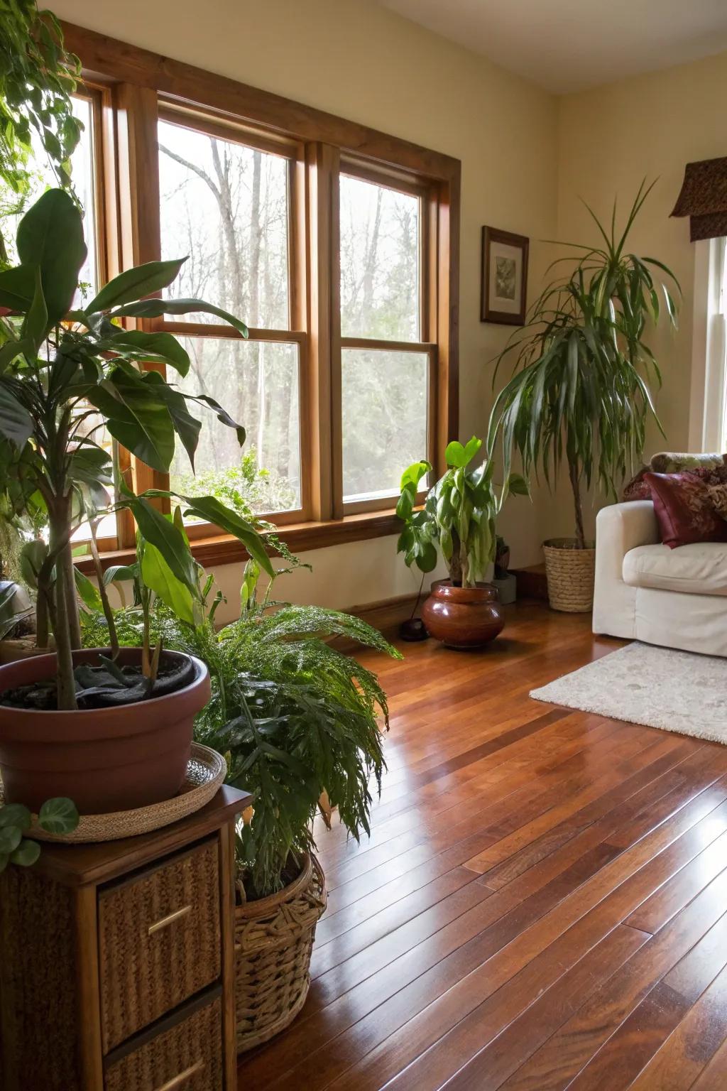 Botanicals inject energy and vitality into rooms adorned with sienna flooring.